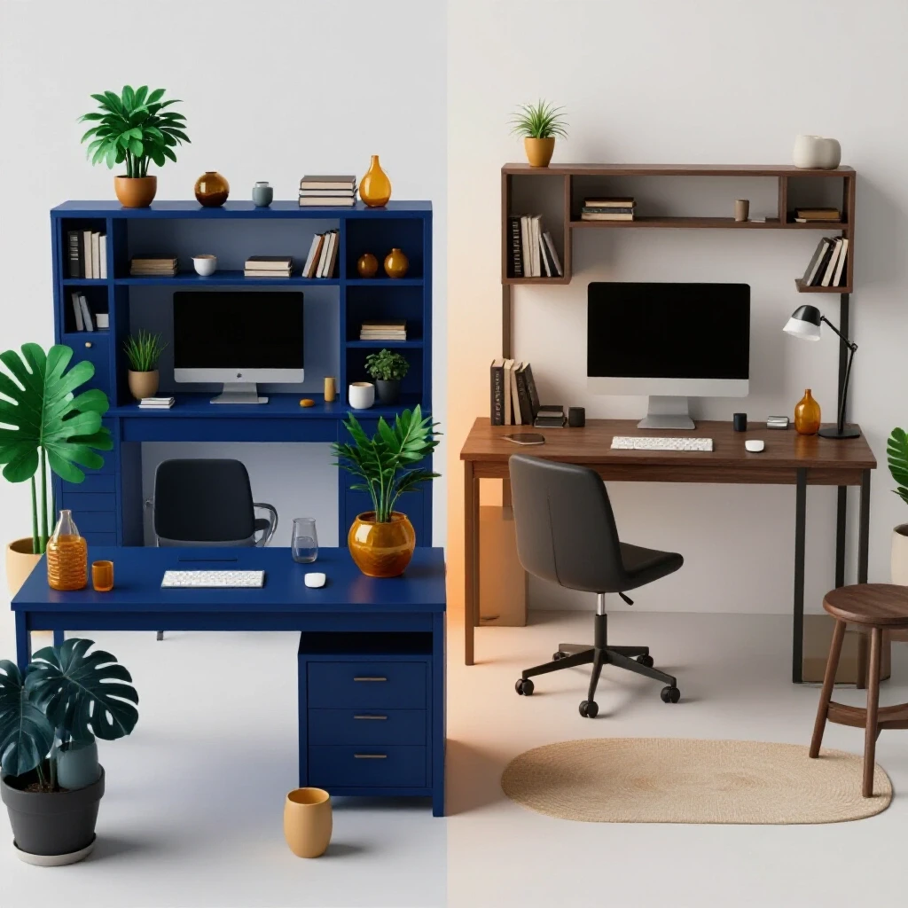 Contrast of a chaotic home office and an organized workspace in a polished 3D-rendered scene.