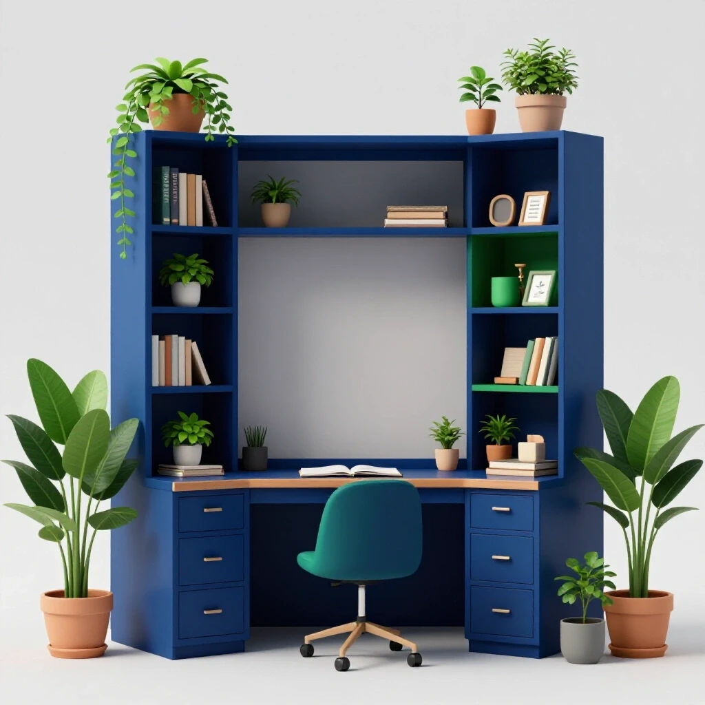 A cozy home office nook in a shared space featuring rich colors and decorative plants, evoking inspiration and practicality.