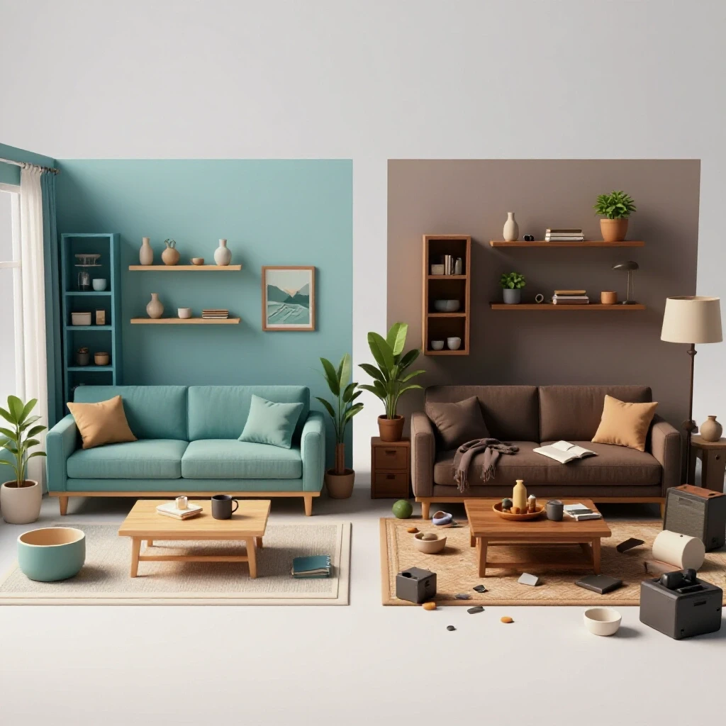 A visual comparison of an organized living space versus a cluttered one, illustrating the impact of home organization on mood and focus.