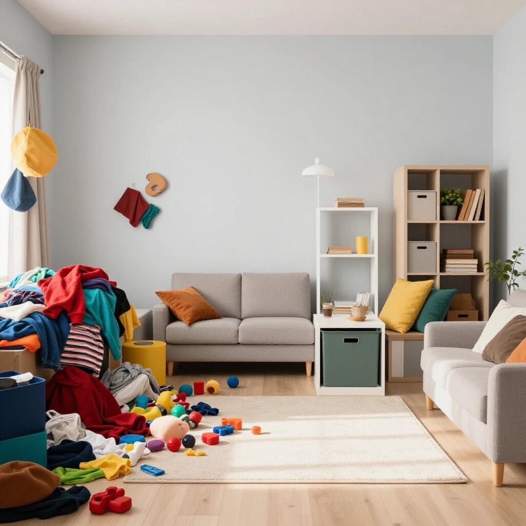 Split image showing a chaotic cluttered space on the left and an organized serene space on the right, illustrating home organization.