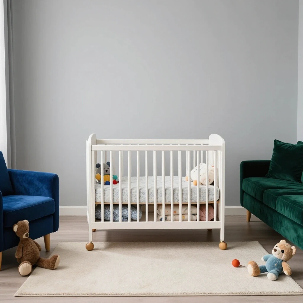 Stylish nursery and living room organized for families; rich colors, cozy atmosphere with playful elements.