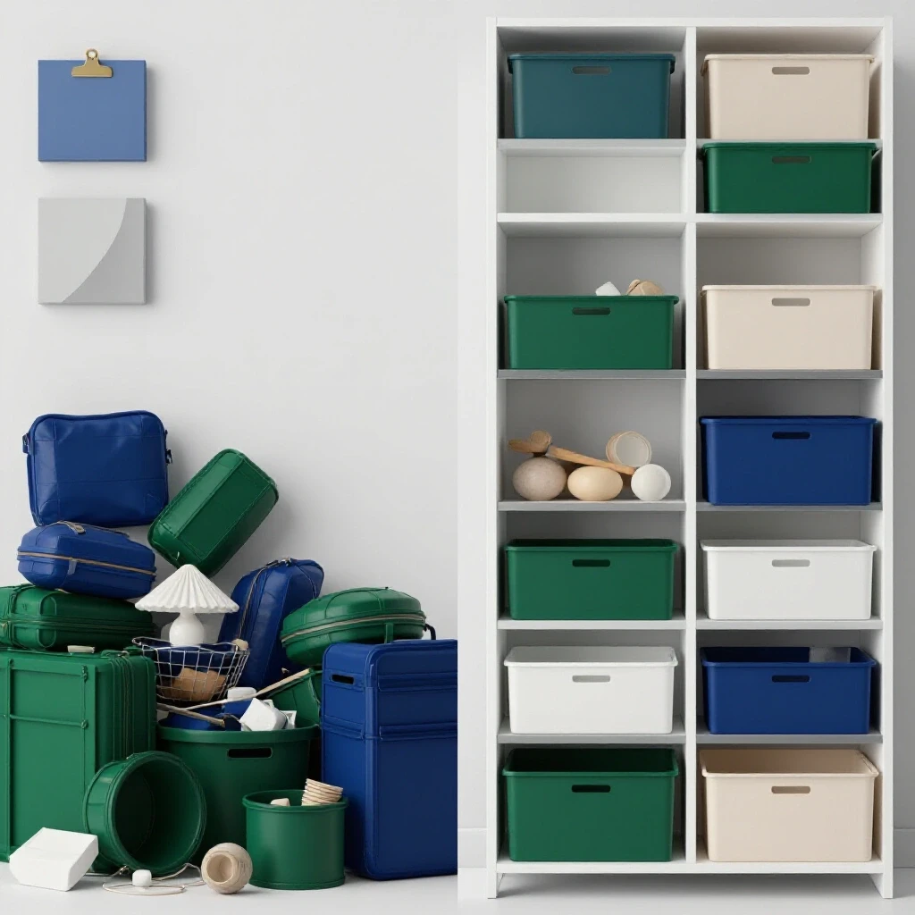 A split image showing chaotic clutter on one side and organized storage solutions on the other side for home organization inspiration.