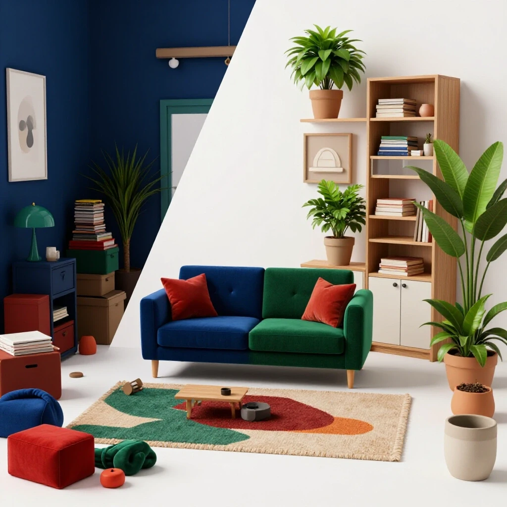 A contrasting image of a cluttered living space on one side and an organized, inviting environment on the other, showcasing effective home organization.