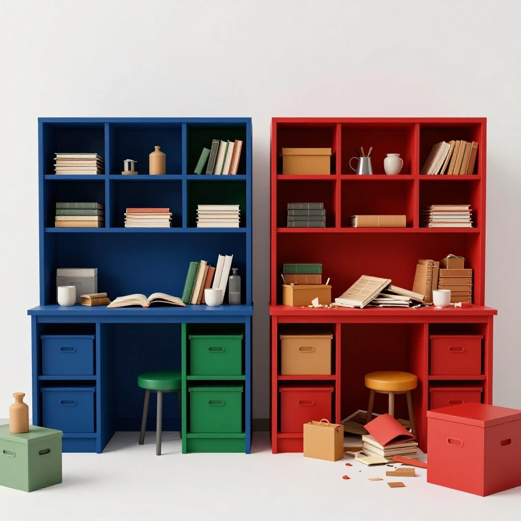 A split image showing a neatly organized room on one side and a cluttered space on the other, highlighting home organization mistakes.