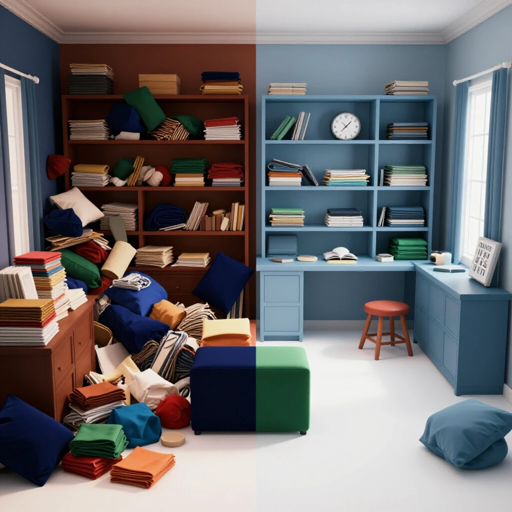 A visually striking illustration of a room transformation from cluttered chaos to organized serenity, symbolizing a 90-day reset.