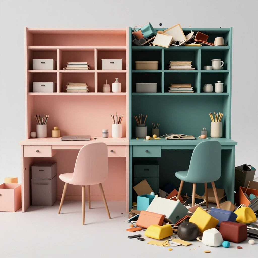 A split view image contrasting an organized home workspace with a cluttered area, illustrating effective home organization systems.