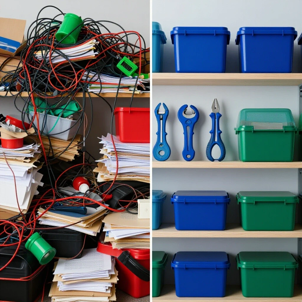 A visual comparison of a chaotic space filled with clutter versus a serene, organized environment showcasing effective home organizing solutions.