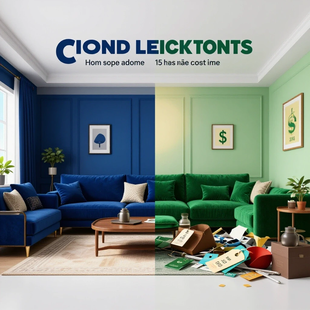 A contrasting image of a beautifully styled living room next to a cluttered room, symbolizing home personalization costs.
