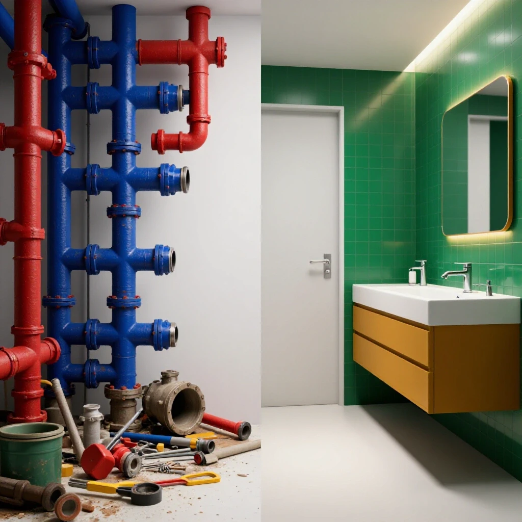Before-and-after split-screen of plumbing renovation, contrasting chaotic setup with a modern bathroom design.