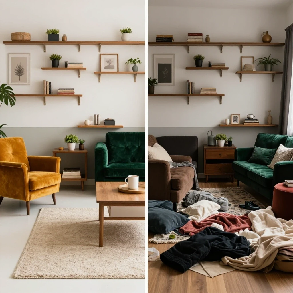 A split image contrasting an organized home space with a chaotic version highlighting the impact of product choice.