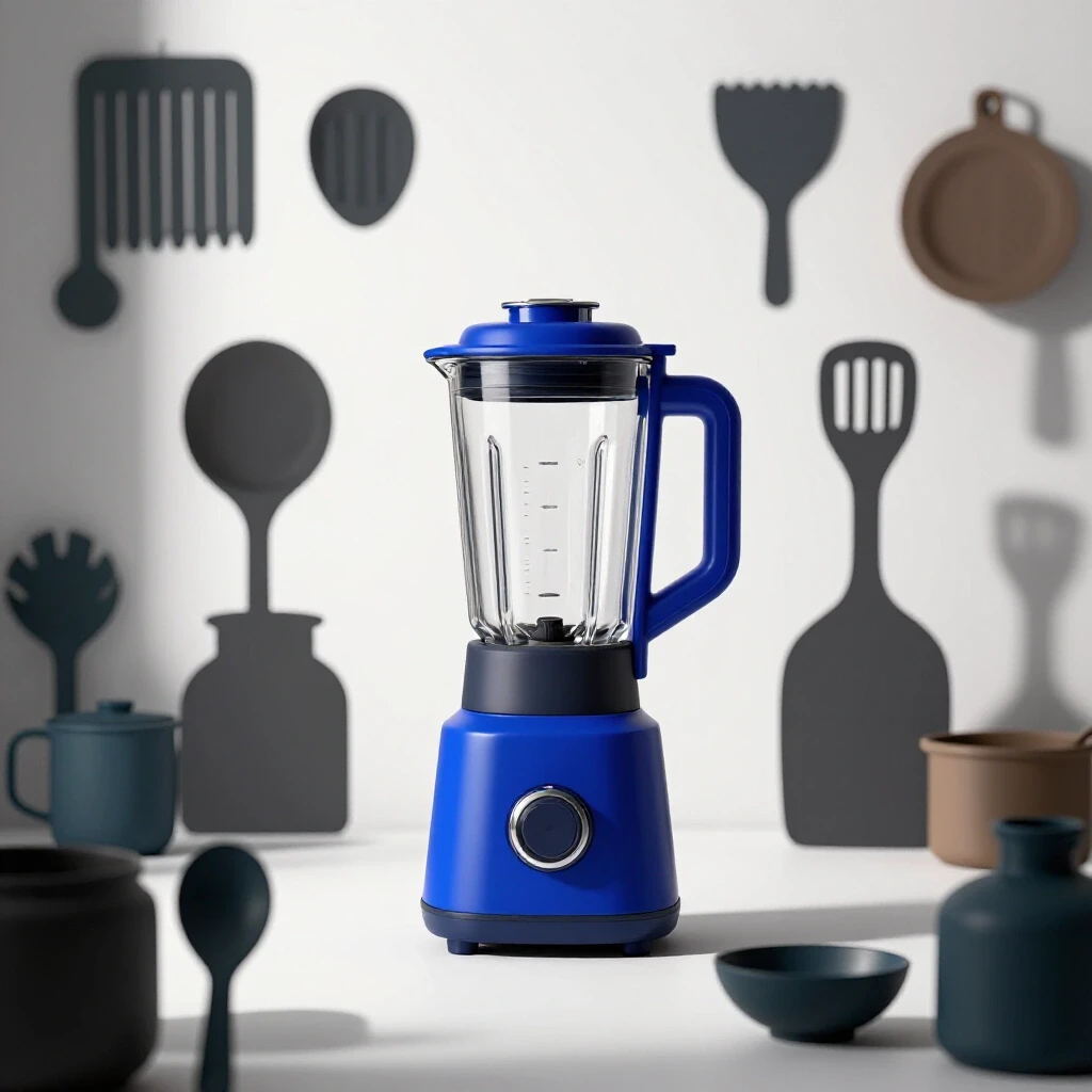 A modern deep blue blender on a bright white background surrounded by shadowy silhouettes of inferior kitchen appliances.