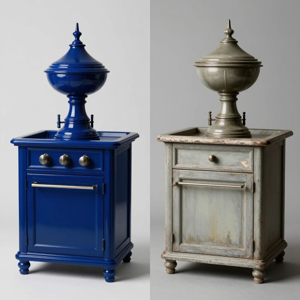 A split image showing a vibrant blue kitchen fixture next to a worn-out version, highlighting product durability.