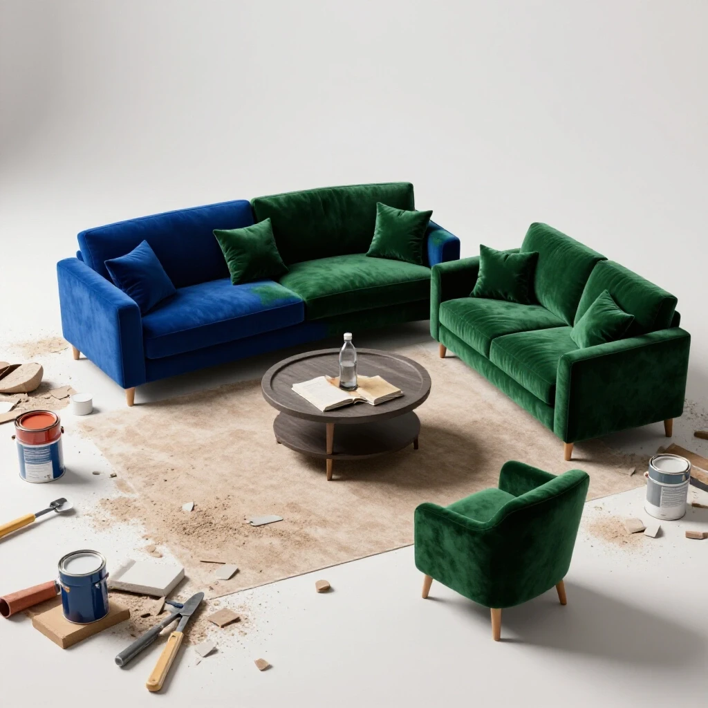 A renovated living room showcasing vibrant colors, contrasting with renovation debris and tools.