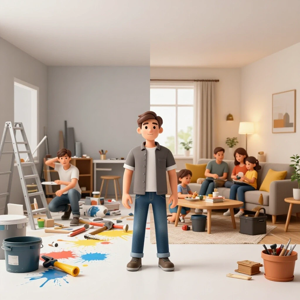 A visual comparison of chaotic home renovation versus a cozy post-renovation living area, illustrating family routines.