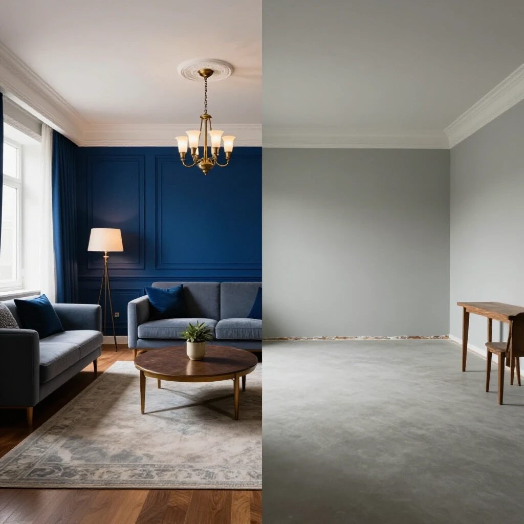 Split image contrasting a beautifully renovated room with a dated unfinished space, highlighting renovation choices.