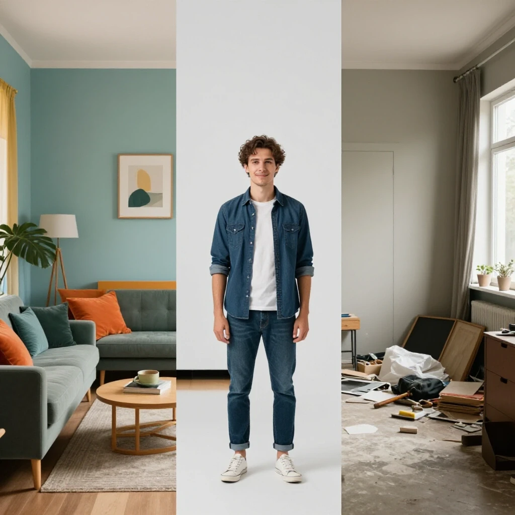 A split scene showing a renovated vibrant room on one side and a cluttered outdated space on the other, illustrating home renovation contrast.