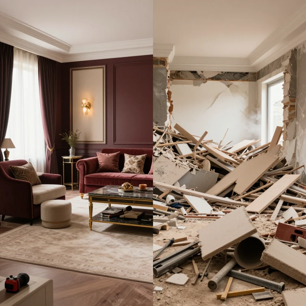 A split image showing a stunning renovated room juxtaposed with a chaotic demolition scene, highlighting home renovation contrasts.