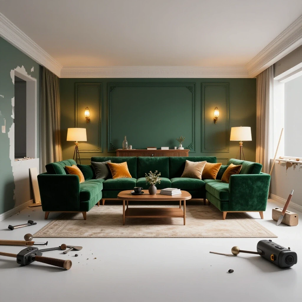 A visually striking contrast of a completed, cozy living room and a chaotic renovation site, showcasing the disruption journey.