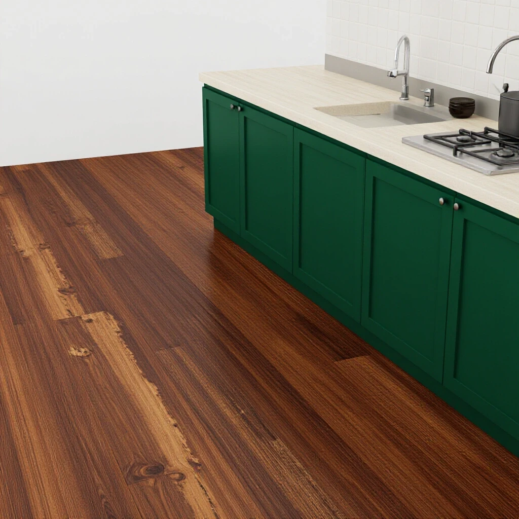 A striking contrast between a weathered wooden floor and a vibrant emerald green kitchen counter in a bright setting.