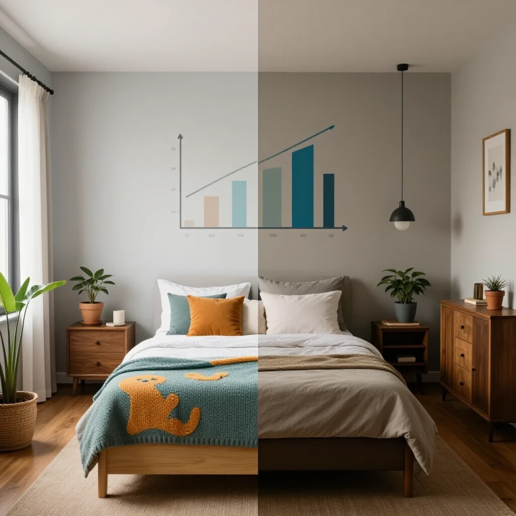 A split image showing a cozy renovated room on the left and a dim, outdated room on the right, illustrating energy savings.