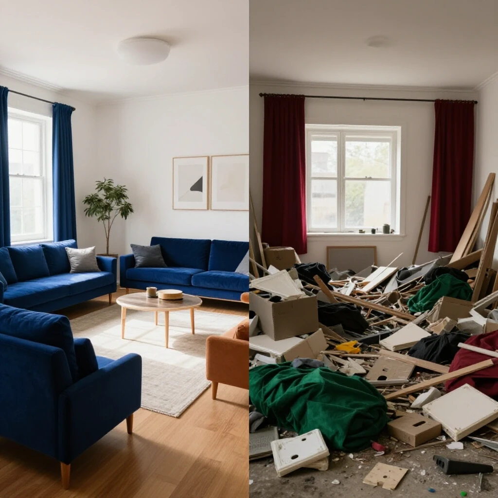 A contrasting image of a beautifully renovated living space and a cluttered DIY disaster to highlight renovation fixture costs.