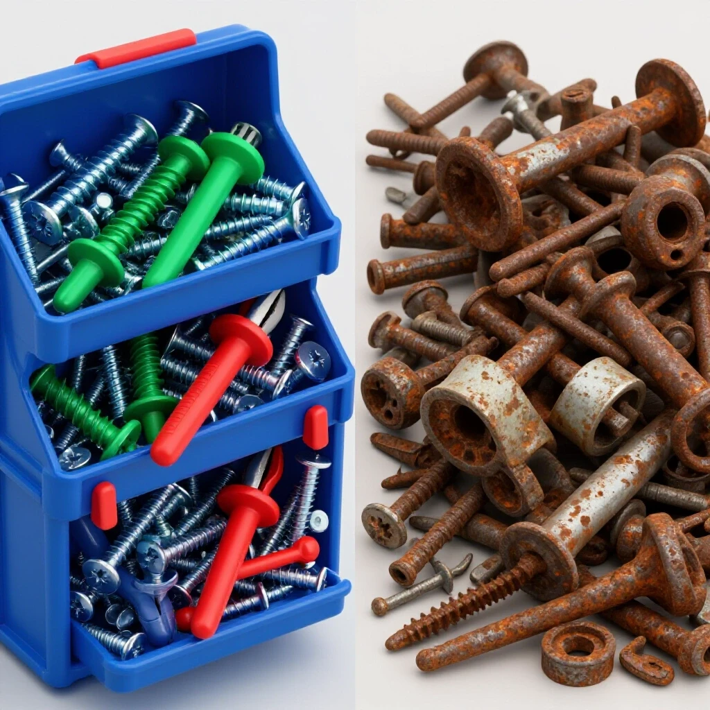 A split image showing a vibrant toolbox filled with shiny new hardware and a faded cluttered space with old rusty hardware, evoking curiosity about renovation costs.