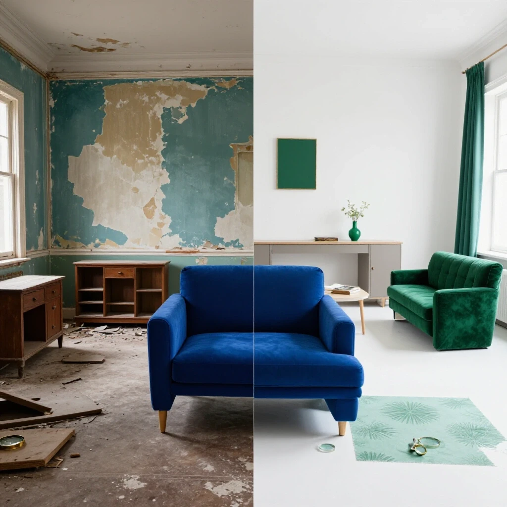 A split image showing a dilapidated room on the left and a beautifully renovated room on the right, highlighting renovation transformation.