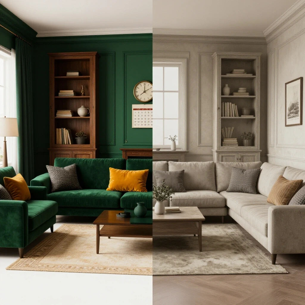 A split view of a renovated living room contrasted with its faded version, highlighting design longevity.