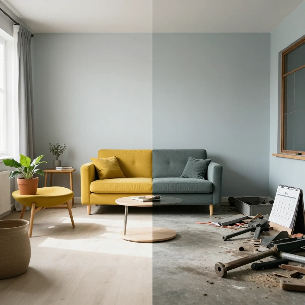 Split-image of a renovated room and a neglected space, illustrating home renovation maintenance costs and upkeep.