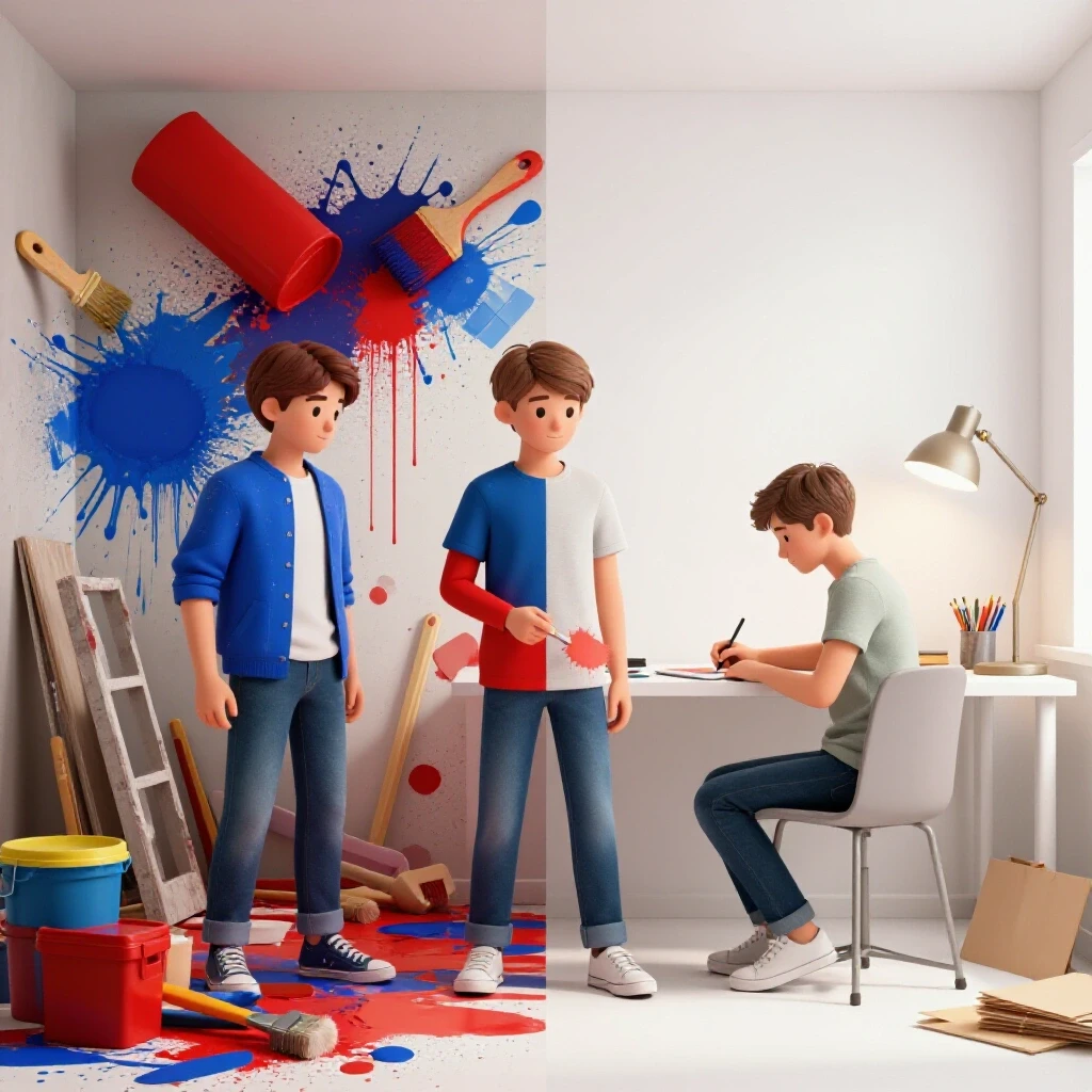 A split scene showing chaotic home renovation with vibrant paint and tools and an organized teen workspace, illustrating balance.