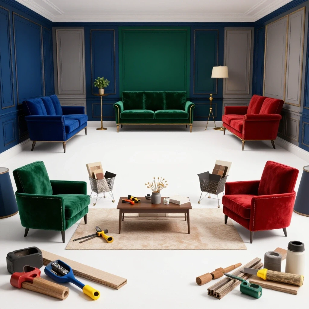 A striking visual of a renovated room contrasted by building materials and tools, showcasing design transformation.