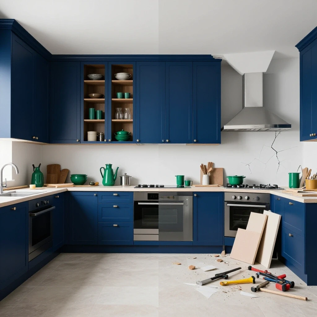 A split-image showing a beautifully renovated kitchen contrasted with a chaotic DIY project illustrating common home renovation mistakes.