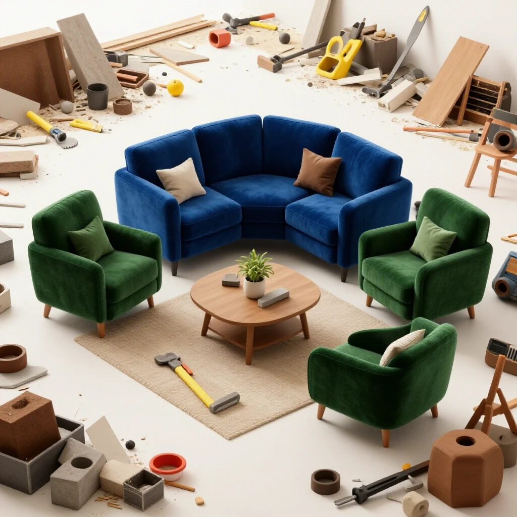 A serene living room contrasted with a chaotic renovation scene, highlighting noise management during home remodels.
