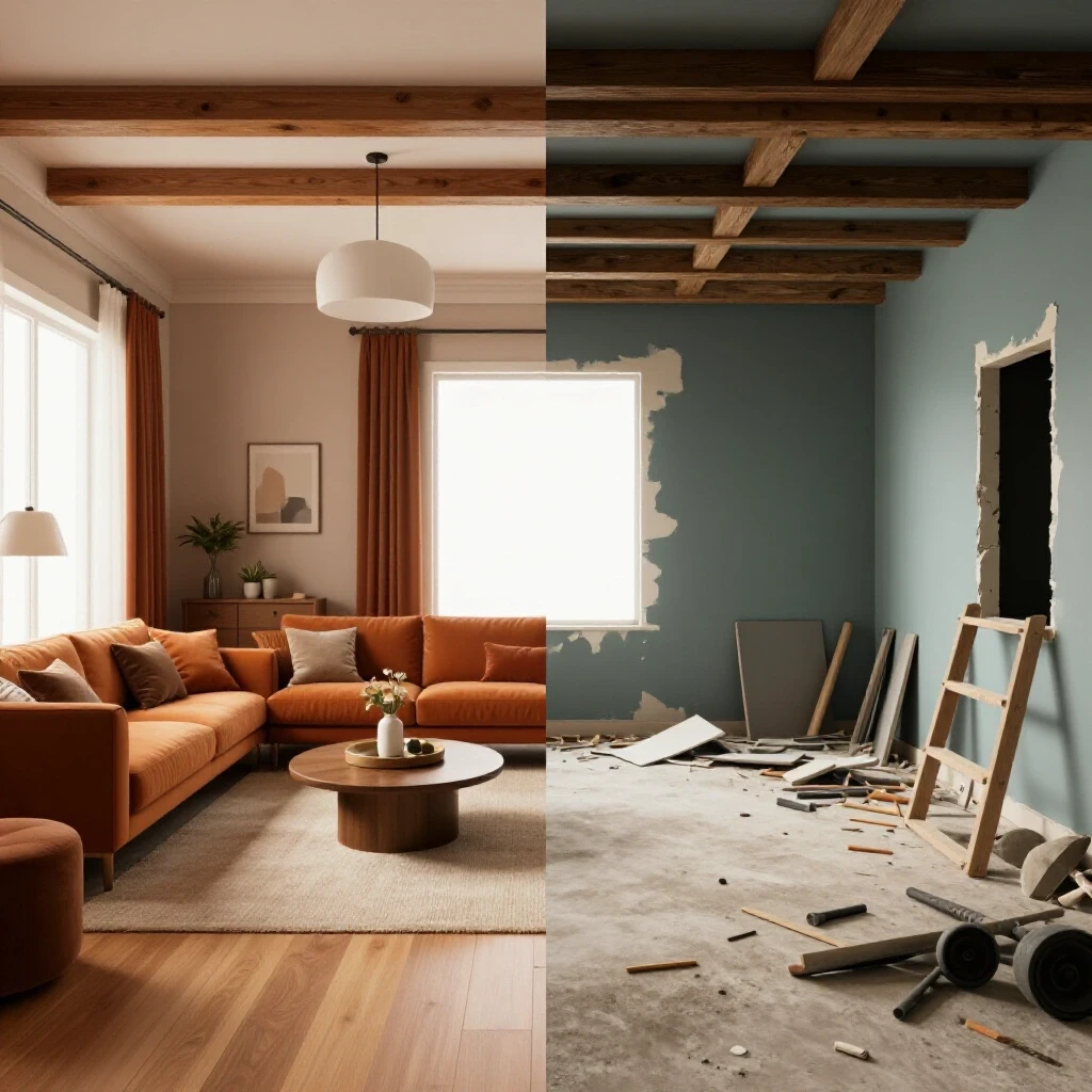 A split-scene image showing one half of a beautifully renovated room and the other half an unfinished renovation space, highlighting transformation.