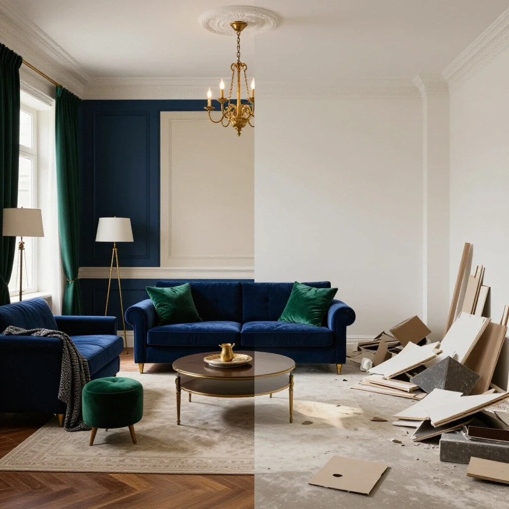 A split image showing a beautifully renovated room contrasting with a cluttered, unfinished space, highlighting renovation challenges.