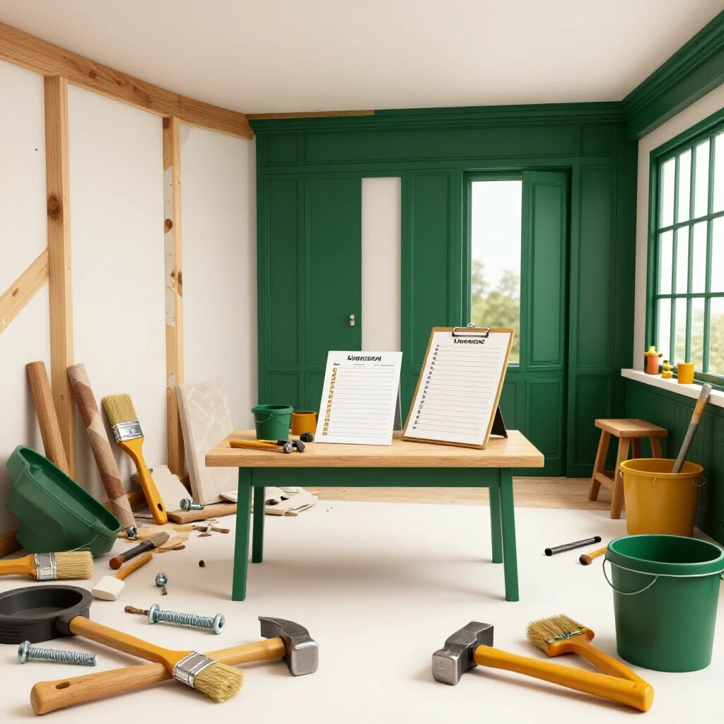 A dynamic home renovation split scene: one side chaotic with scattered tools, the other side beautifully organized and complete.