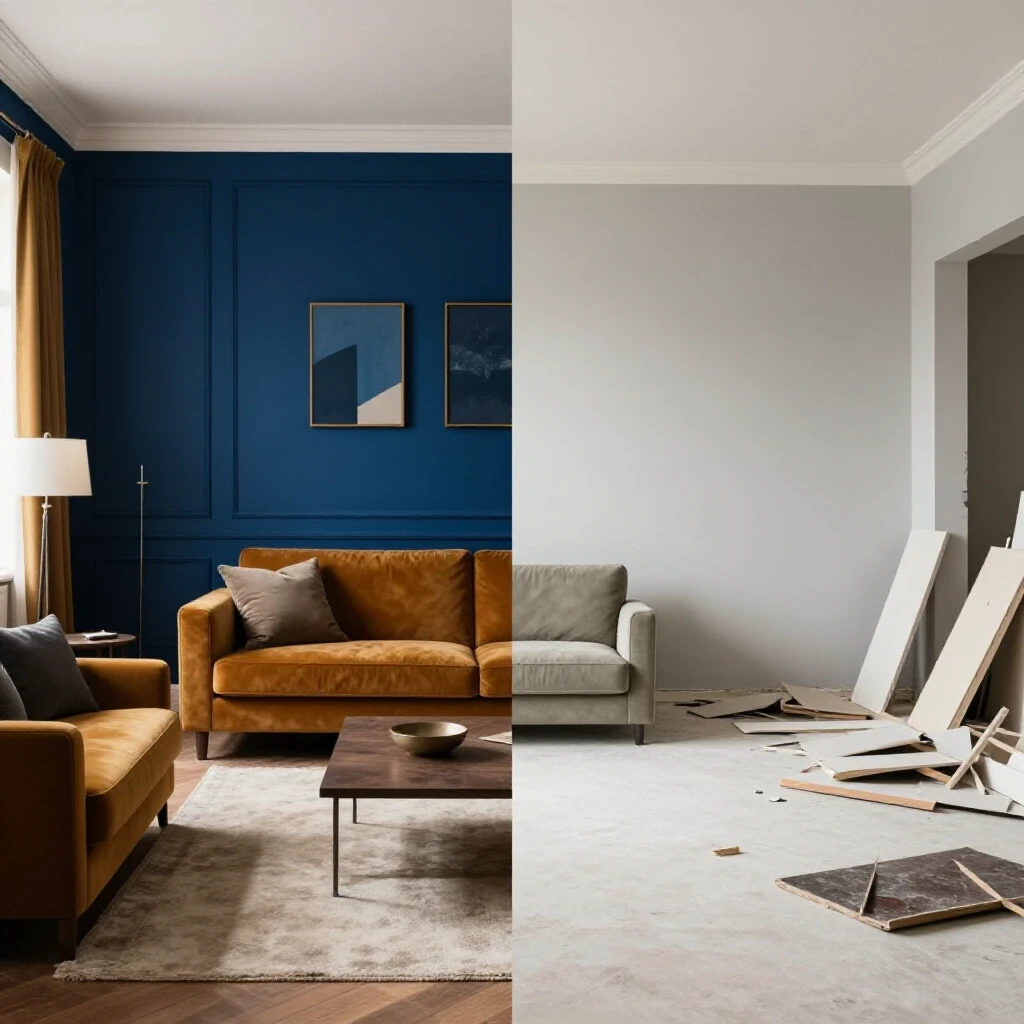 A split image of a renovated room with warm colors contrasted with a cluttered unfinished space in cool tones, showcasing renovation themes.
