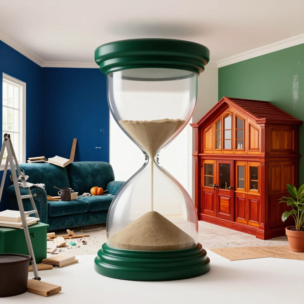 A split-image showcasing a chaotic renovation space on the left and a serene finished home on the right, symbolizing planning and transformation.