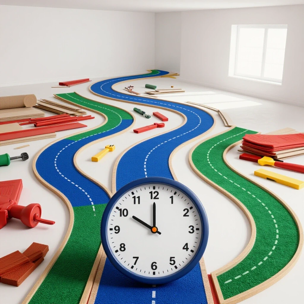 A winding renovation path with a clock symbolizing time delays, leading to a serene completed room background.