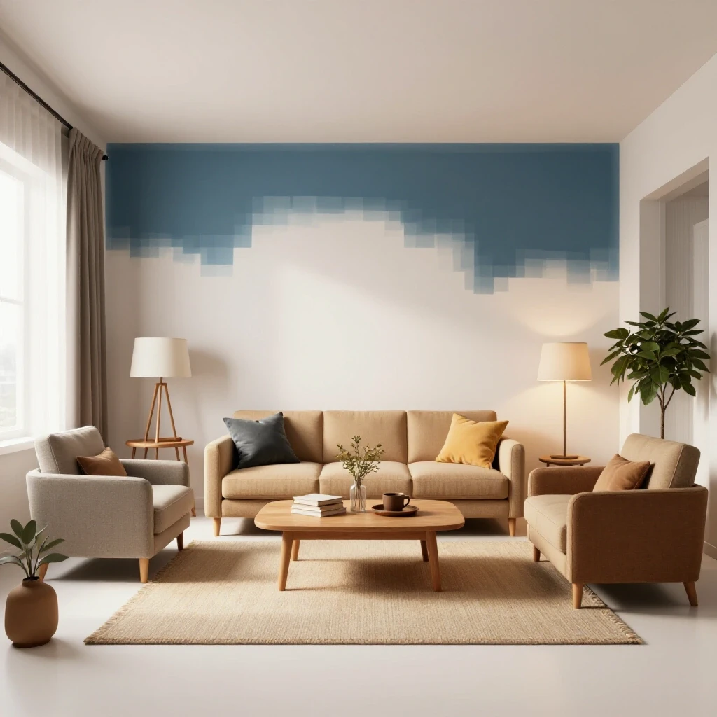 A cozy living room showcasing an inviting atmosphere contrasted with an unfinished repair area, highlighting comfort and home repair potential.