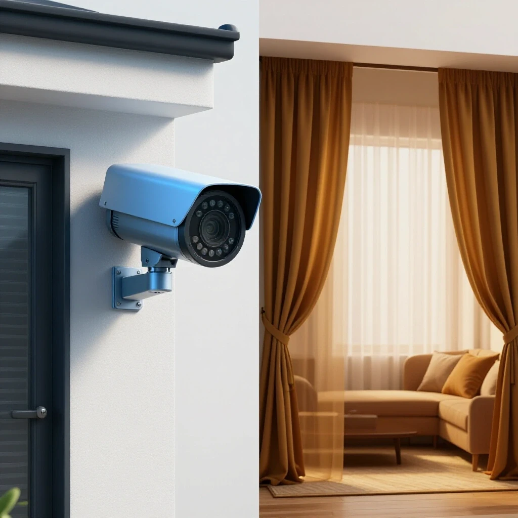 Split-scene image showcasing a modern home with a security camera and a warm, cozy room emphasizing privacy.