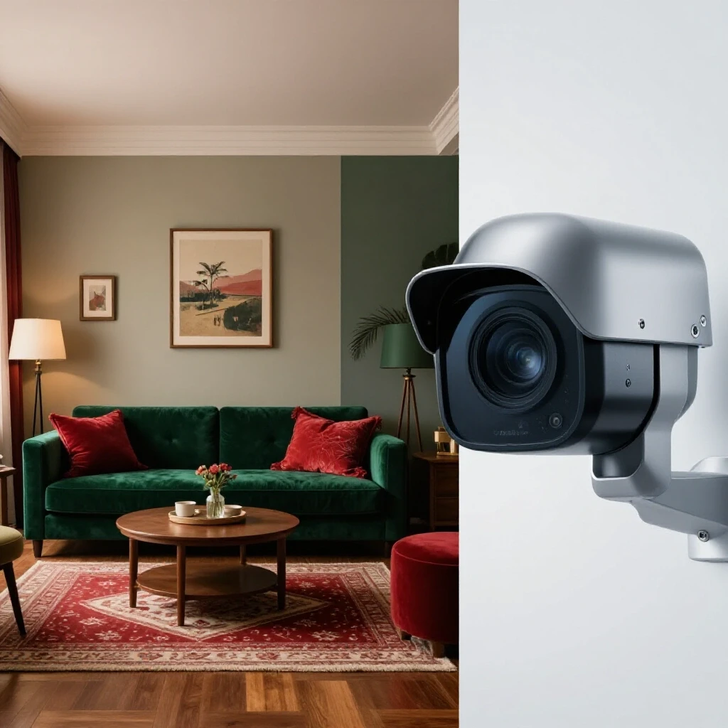 A split-screen image showing a cozy home interior beside a modern security camera, highlighting comfort and technology.