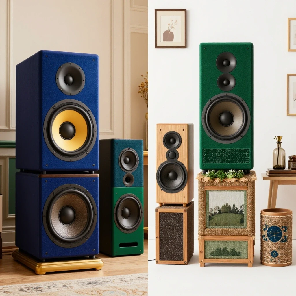 Split-screen image showcasing a luxury home speaker setup alongside a creative DIY audio setup, contrasting elegance and budget-friendliness.