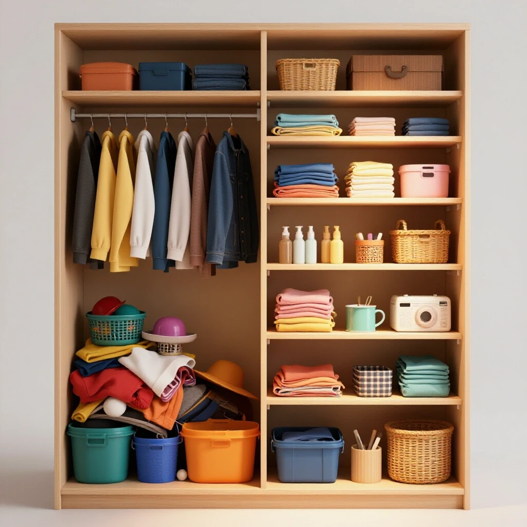 A split closet image showing colorful clutter on one side and an organized shelf on the other side.