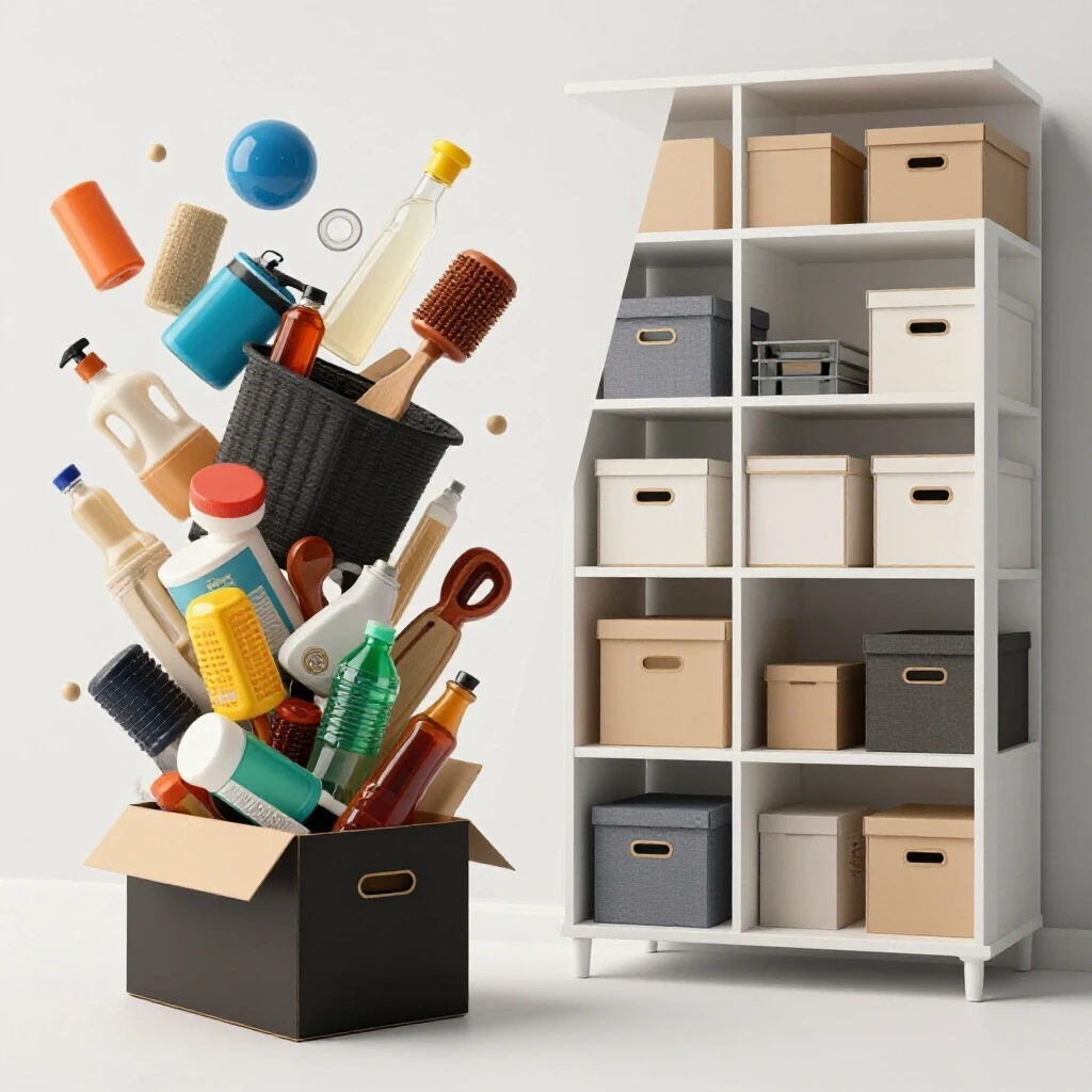 A chaotic moving box overflowing with items on the left and a neatly organized minimalist storage solution on the right, portraying the transition from disorder to harmony.