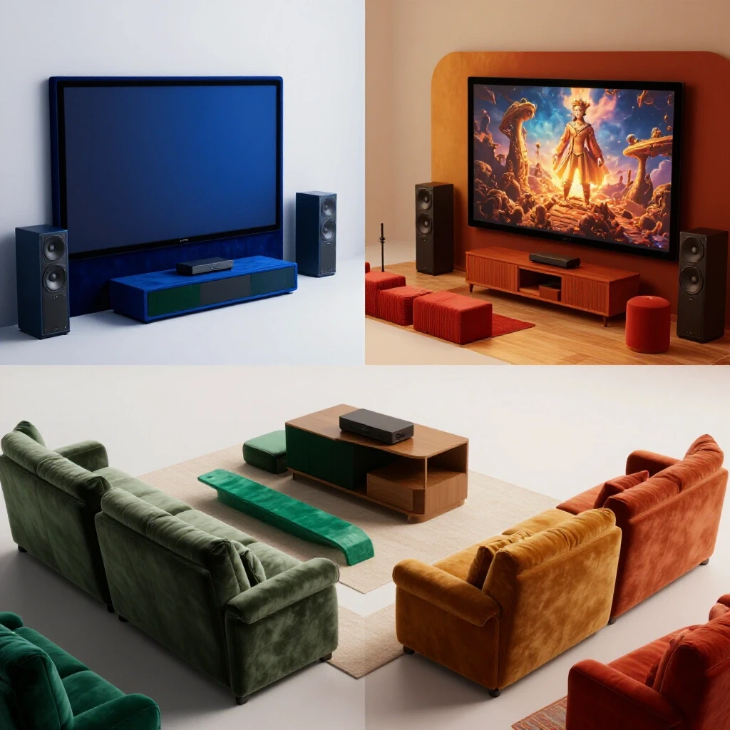 A split-screen comparison of a luxurious home theater setup versus a budget-friendly DIY home theater.