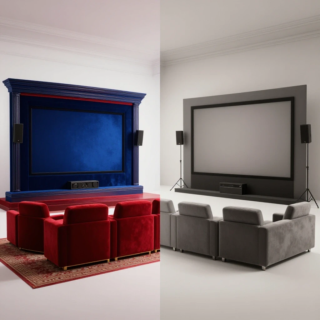 Vibrant luxurious home theater contrasted with a minimalist budget-friendly setup in a bright studio setting.