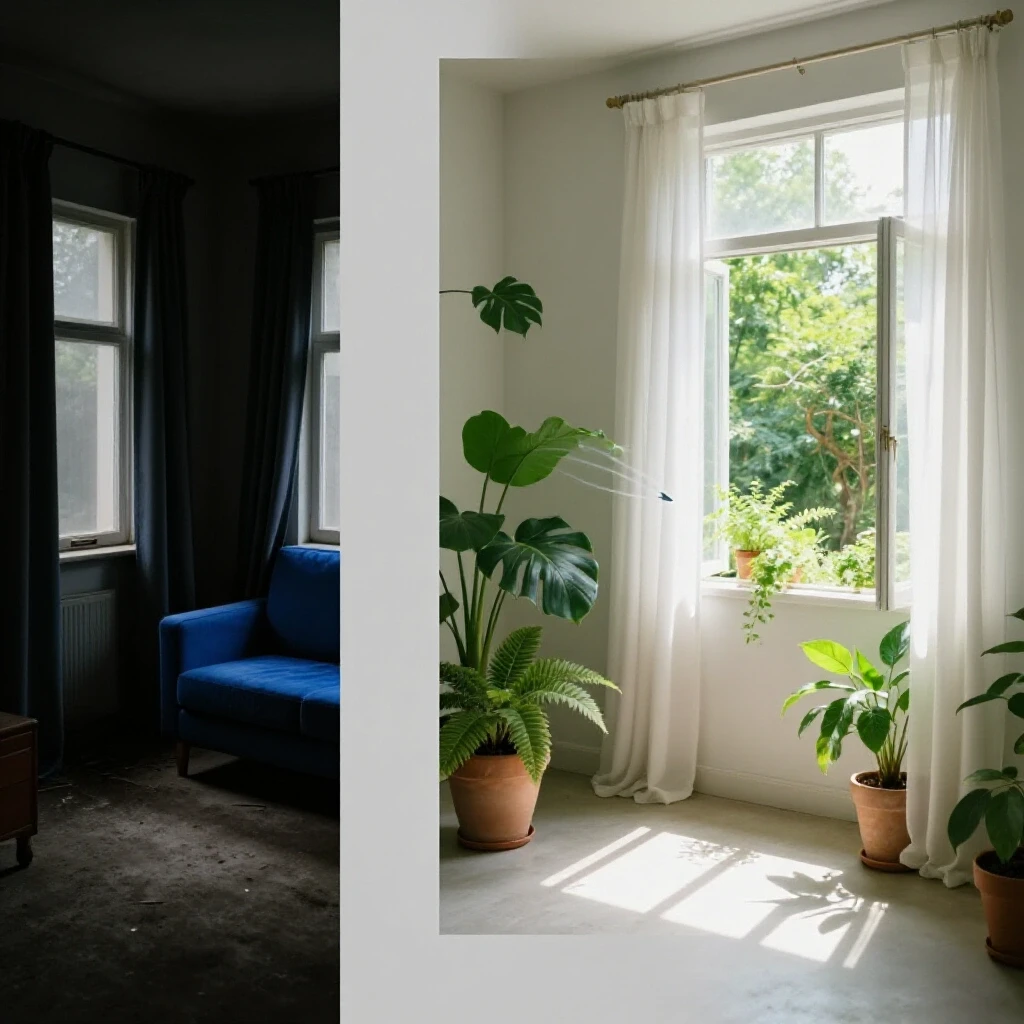 A split-image showing a dimly lit stuffy room on the left and a bright airy space filled with greenery on the right, illustrating home ventilation solutions.