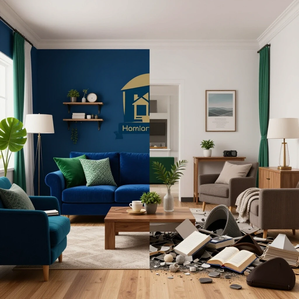 A split scene image showing a vibrant, organized home and a chaotic, disordered space, representing home warranty benefits and potential neglect costs.