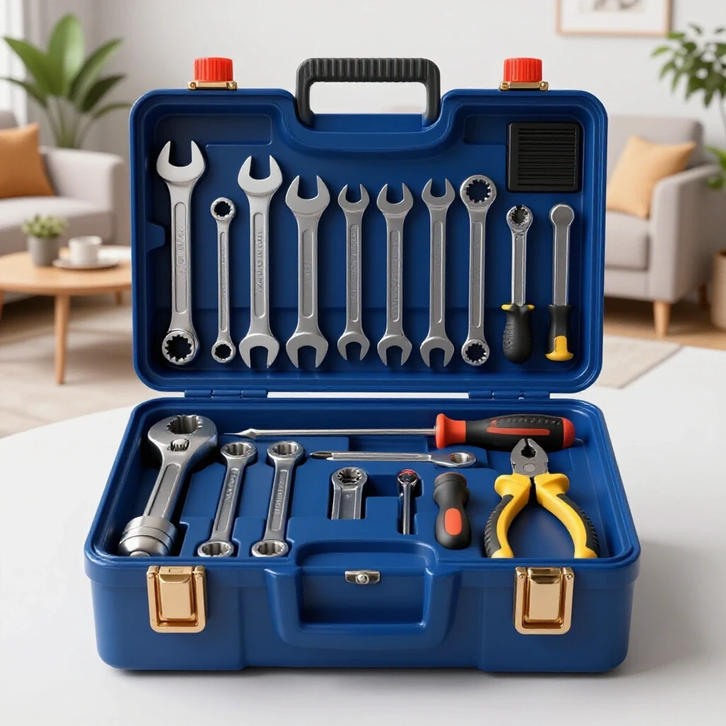 A large toolbox filled with colorful repair tools set in a cozy, well-lit living room.